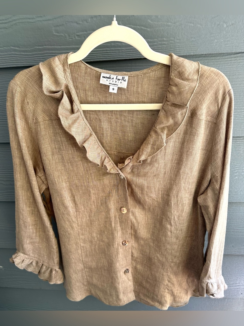 Monika Turtle Studio Brown Linen Ruffle Top Small